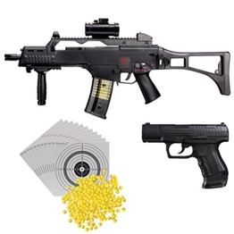 H&K G36 C Softairgewehr elektrisch Kaliber 6mm, max. 0,5 Joule + Walther P99 Softair Pistole Federdruck max. 0,5 J inklusive 2 Magazine + 1.000 Softair BB 0,12 g + 100 ShoXx.® Zielscheiben 14x14cm - 1