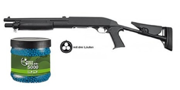 SET: G8DS® Softair PUMPGUN METALL mit 3 Läufen Patronenmagazin unter 0,5 Joule 6mm 7409 + Umarex Combat Zone Softairkugeln blau 6mm 0,12g 5000 BBs - 1