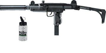 SET: IWI UZI SMG Softair inkl. Schalldämpfer 6mm BB schwarz federdruck + G8DS® Softair Munition BIO BBs Premium Selection 2000 Stück 0,20 g 6mm - 1
